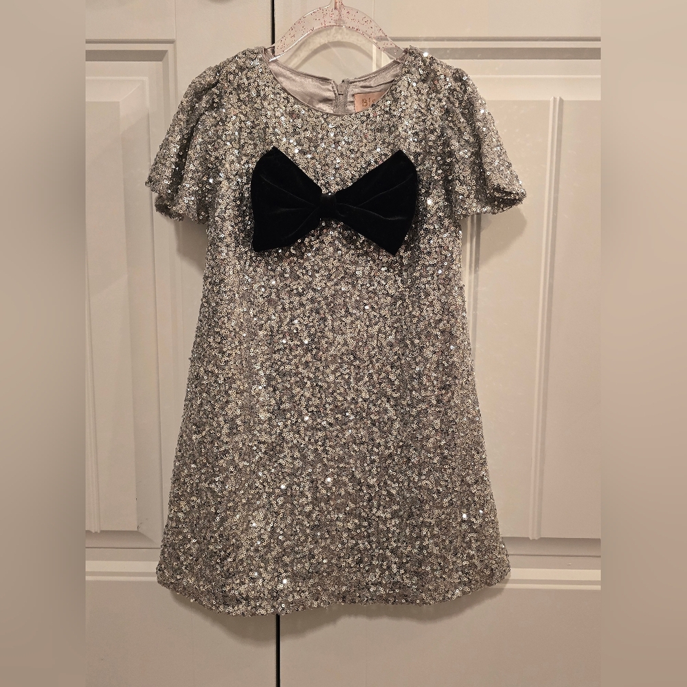 Girls Silver Sequin Party Dress with Black Bow